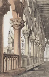 O Palácio Ducal, Capital da Renascença da Loggia, de "Exemplos da Arquitetura de Veneza", de John Ruskin, gravado por G. Rosenthal, 1851